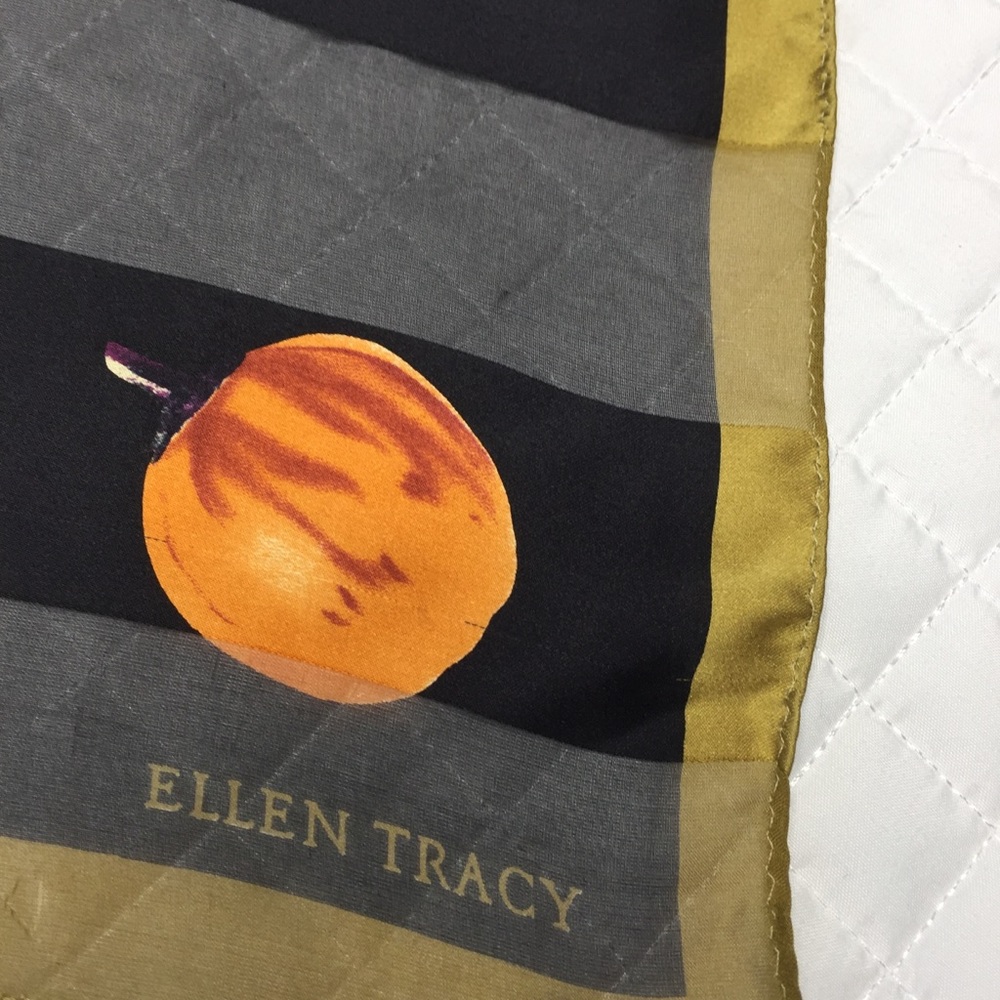 Ellen Tracy Scarf 21 inch Square Black with Gold Edge in Vegetable Print - Picture 2 of 9